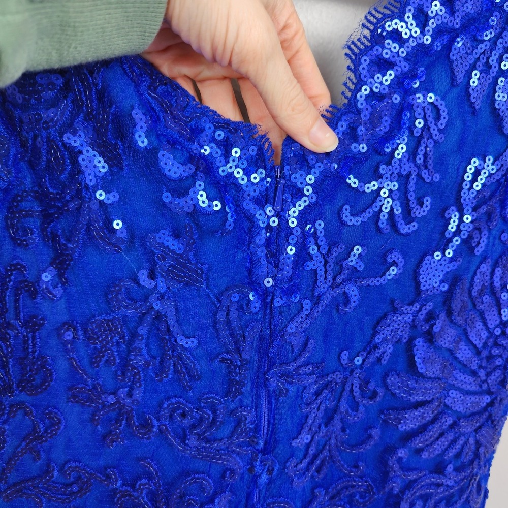 Tadashi Shoji Dress Womens 4 Royal Blue Sequin Lace V-Neck‎ Cap Sleeve Glam - Picture 6 of 9